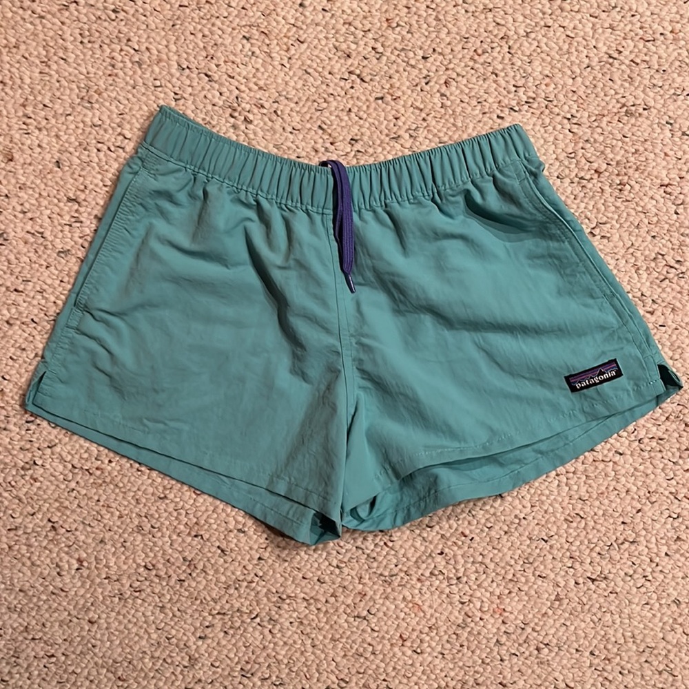 Patagonia Teal Athletic Shorts with Purple Drawstring